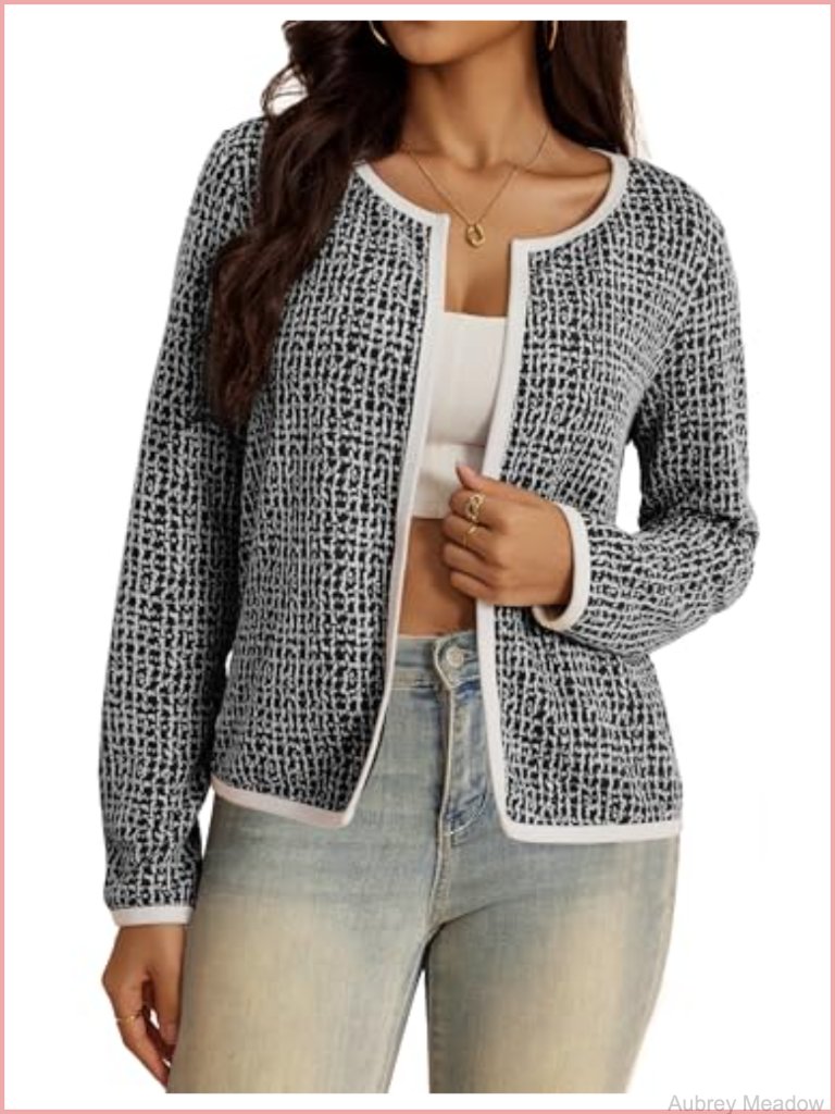 Lightweight Open Front Checkered Cardigan
